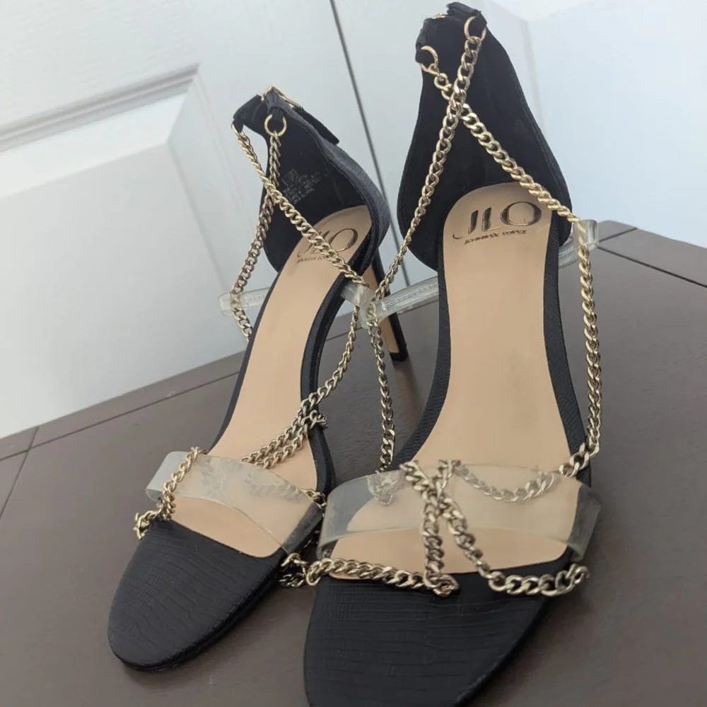 Jennifer Lopez Black Heels with Gold Chain Accents